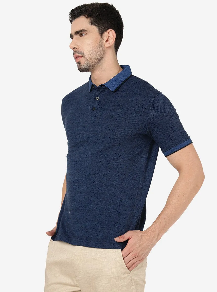 Blue Printed Slim Fit Polo T- Shirt | JadeBlue