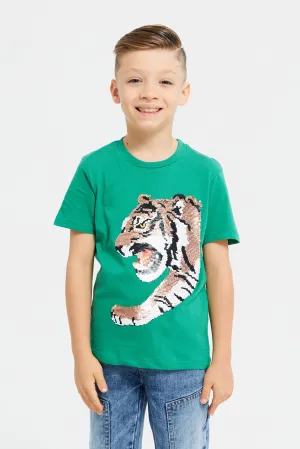 Boys Green Embellished With Sequence T-Shirt