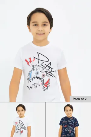 Boys Navy And White Game Print T-Shirt Set (2 Piece)