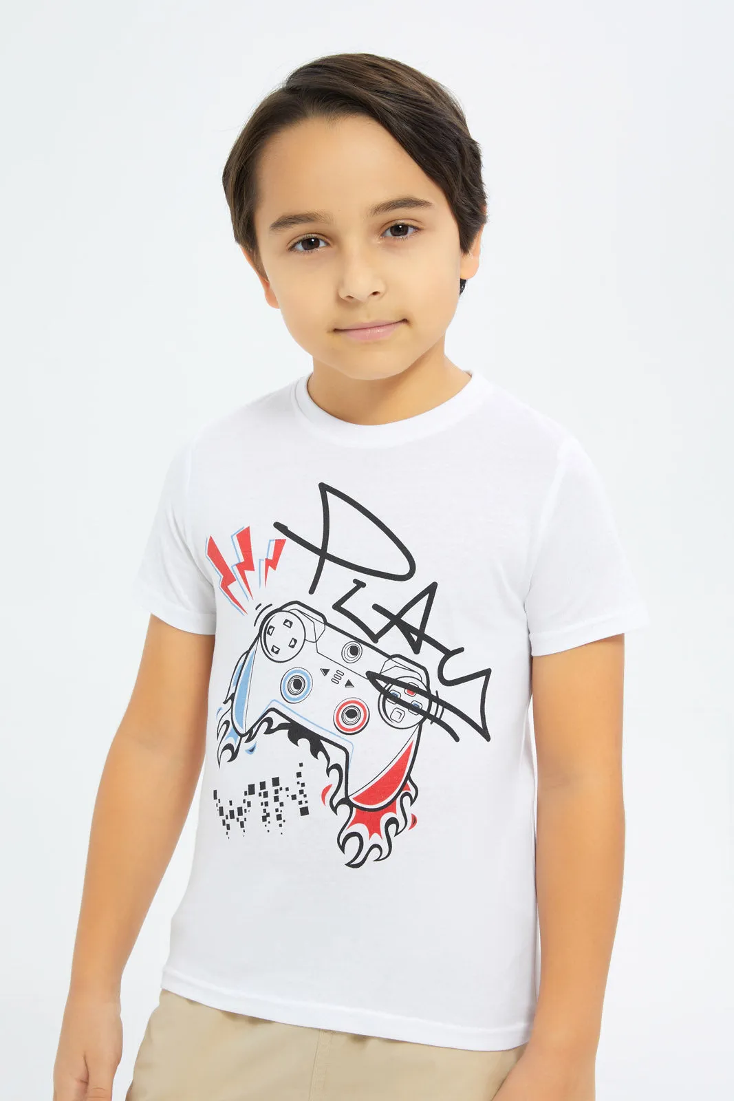 Boys Navy And White Game Print T-Shirt Set (2 Piece)
