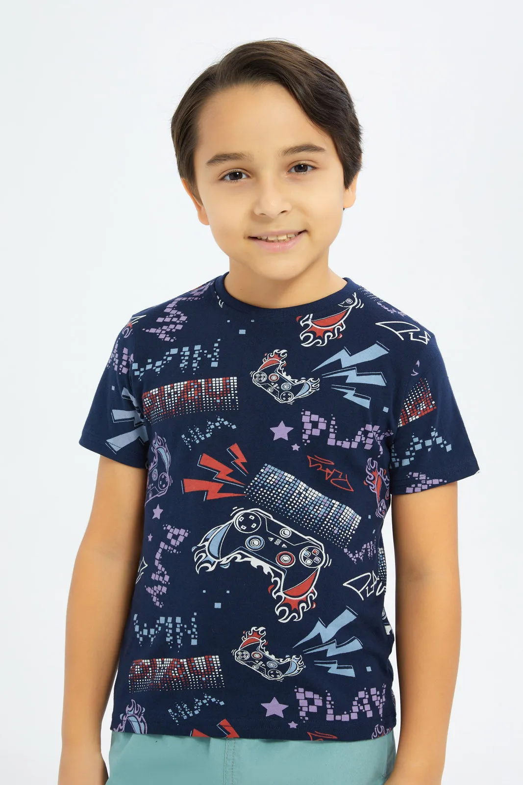 Boys Navy And White Game Print T-Shirt Set (2 Piece)