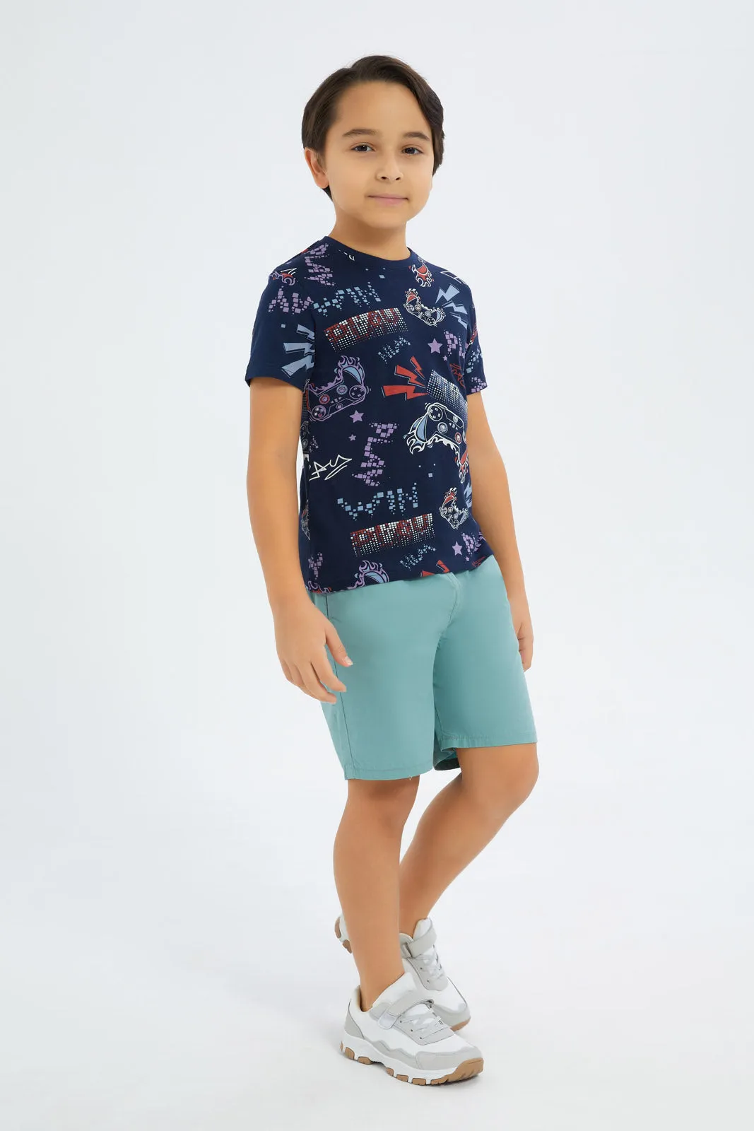 Boys Navy And White Game Print T-Shirt Set (2 Piece)