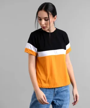Elizy Women Black White Pink Colour Block T-shirt