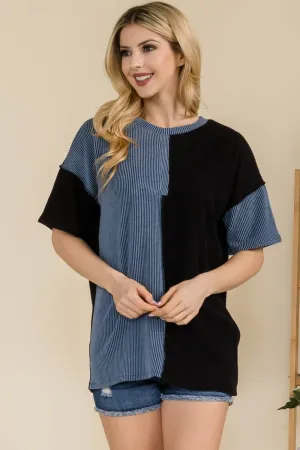 Full Size Ribbed Color Block Short Sleeve T-Shirt