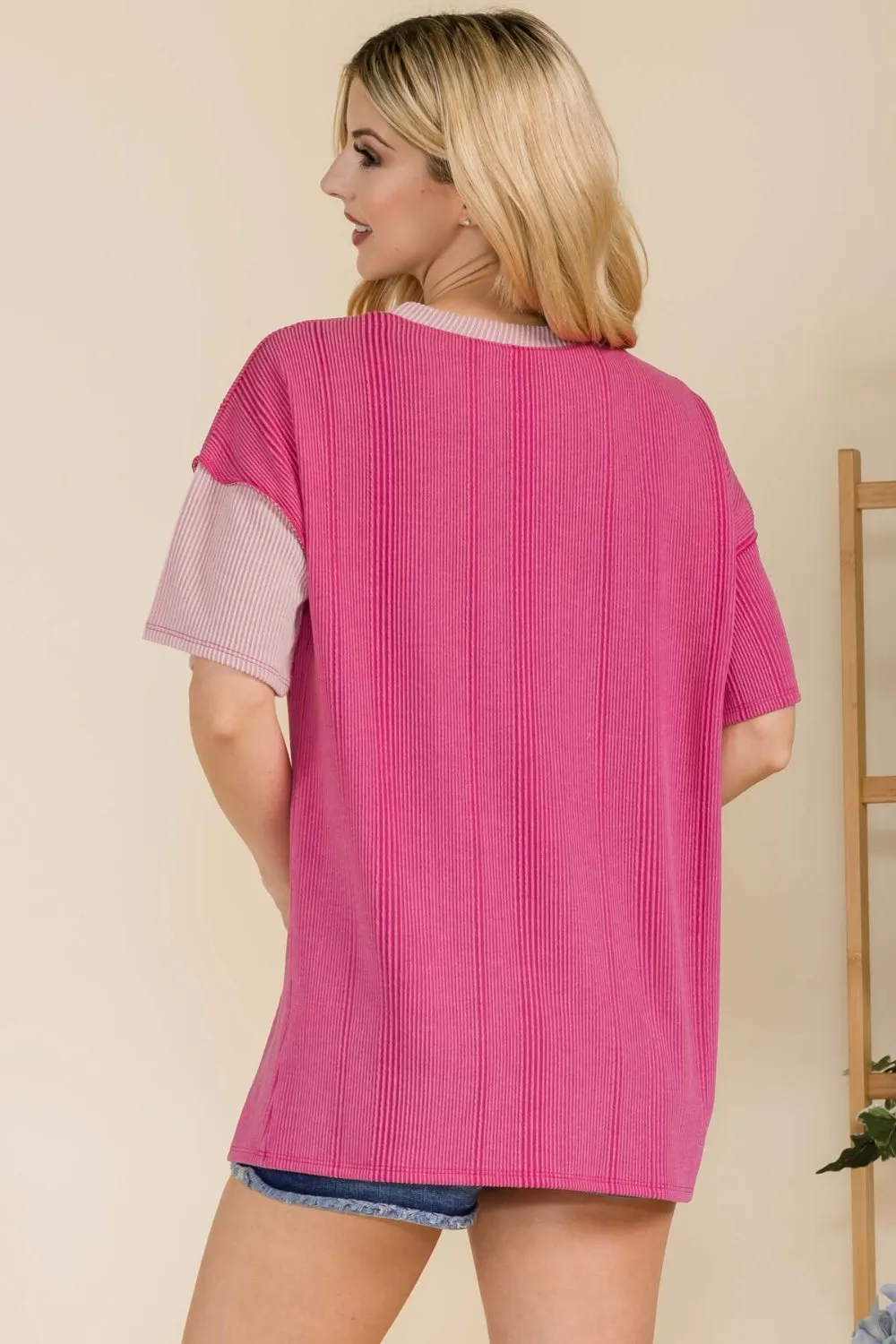 Full Size Ribbed Color Block Short Sleeve T-Shirt