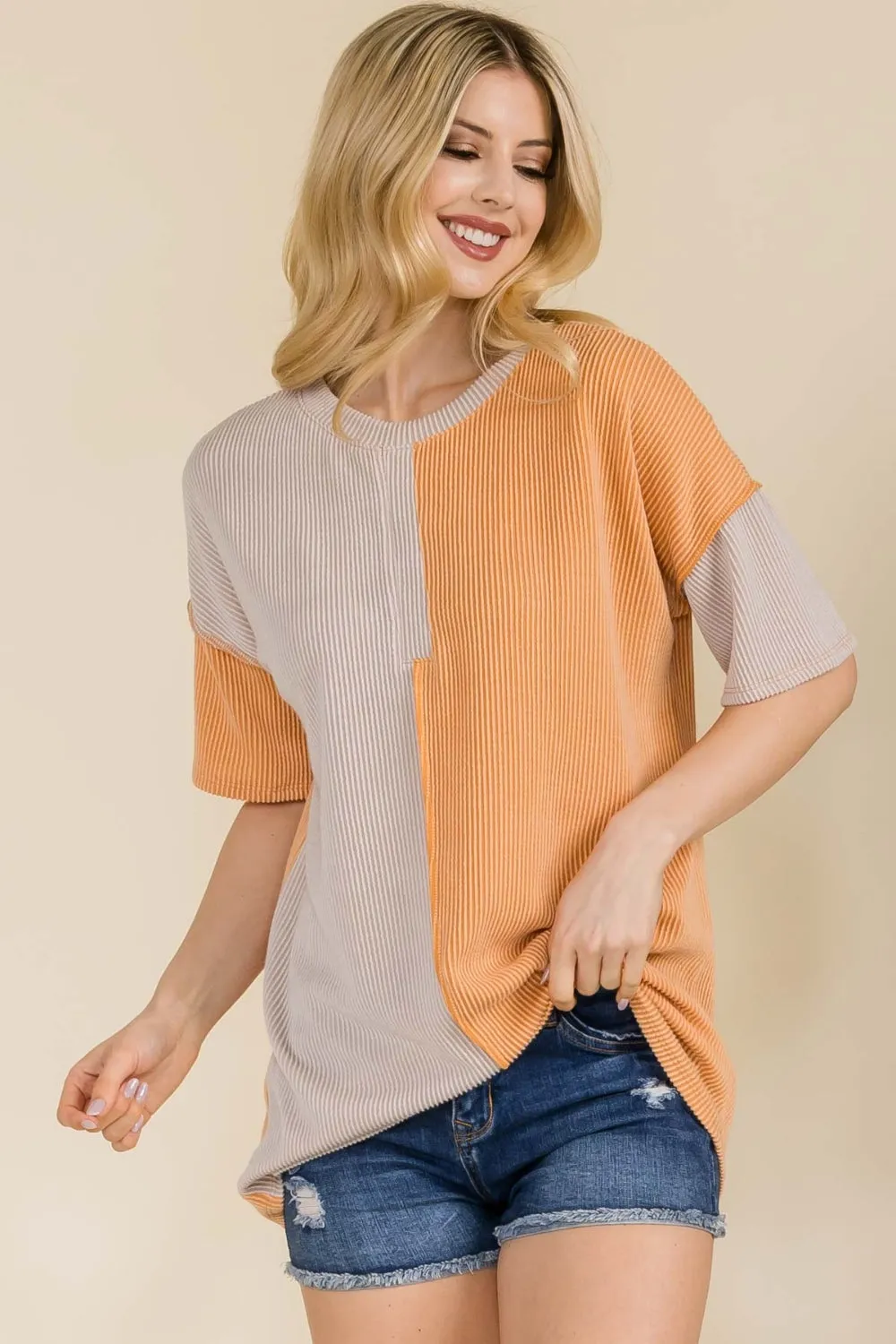 Full Size Ribbed Color Block Short Sleeve T-Shirt