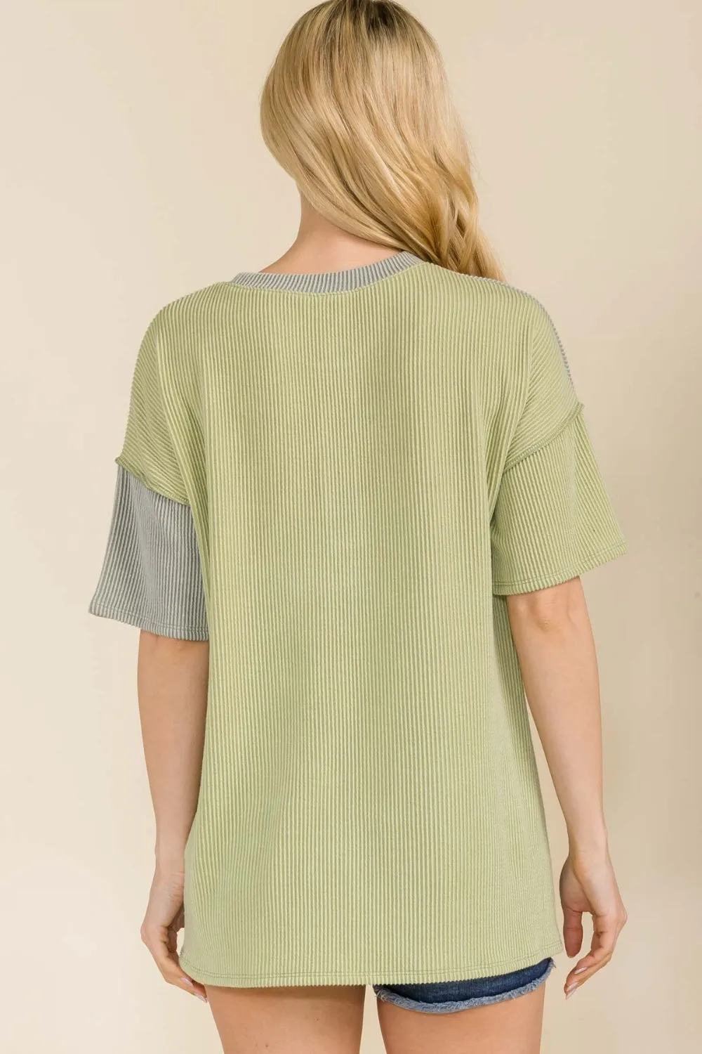 Full Size Ribbed Color Block Short Sleeve T-Shirt