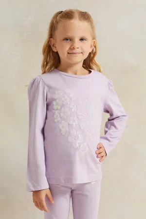 Girls Lilac Heart Embellished T-Shirt