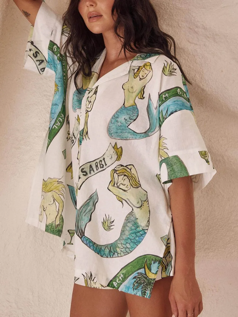Marina - Mermaid Print Shirt & Elastic Waist Shorts Set