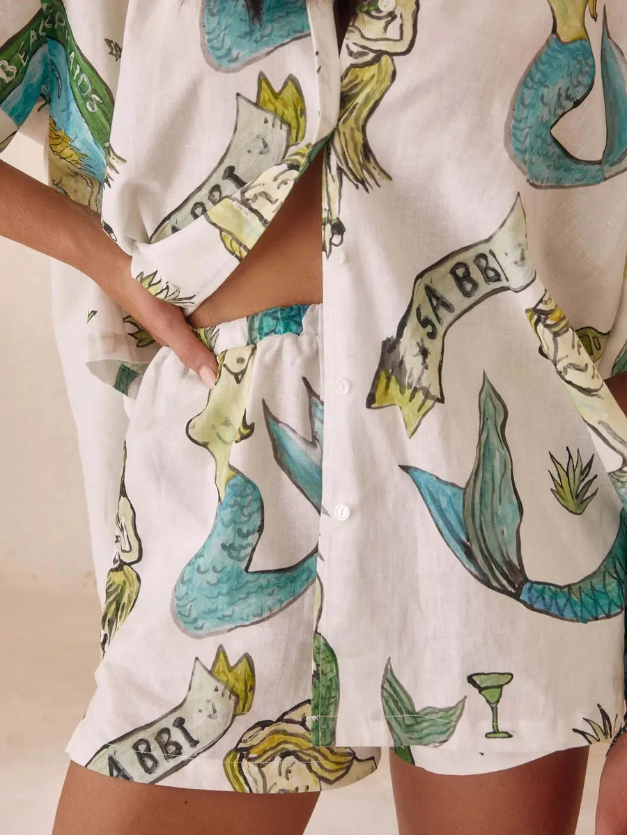 Marina - Mermaid Print Shirt & Elastic Waist Shorts Set