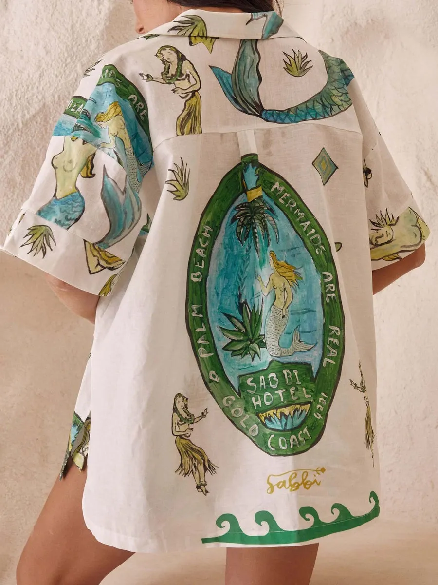 Marina - Mermaid Print Shirt & Elastic Waist Shorts Set