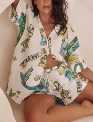 Marina - Mermaid Print Shirt & Elastic Waist Shorts Set