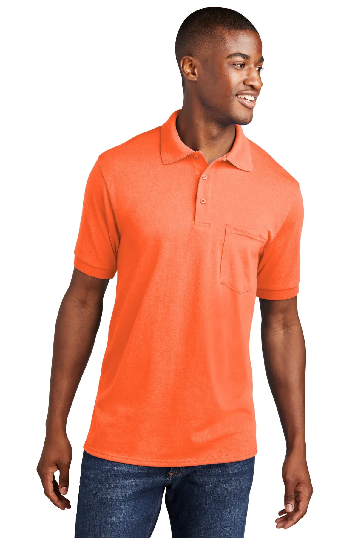 Port & Company Branded Jersey Knit Pocket Polos, Safety Orange