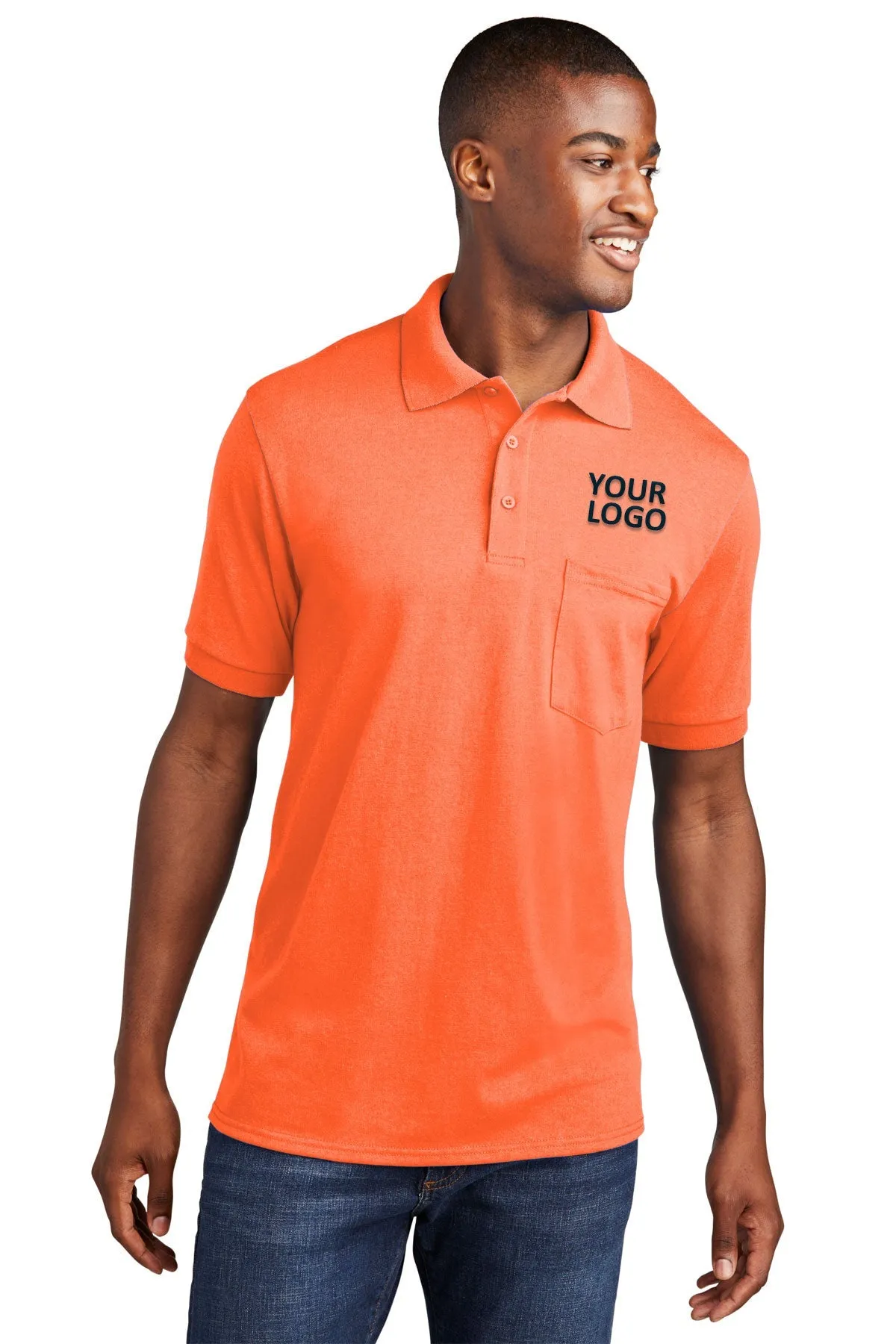 Port & Company Branded Jersey Knit Pocket Polos, Safety Orange