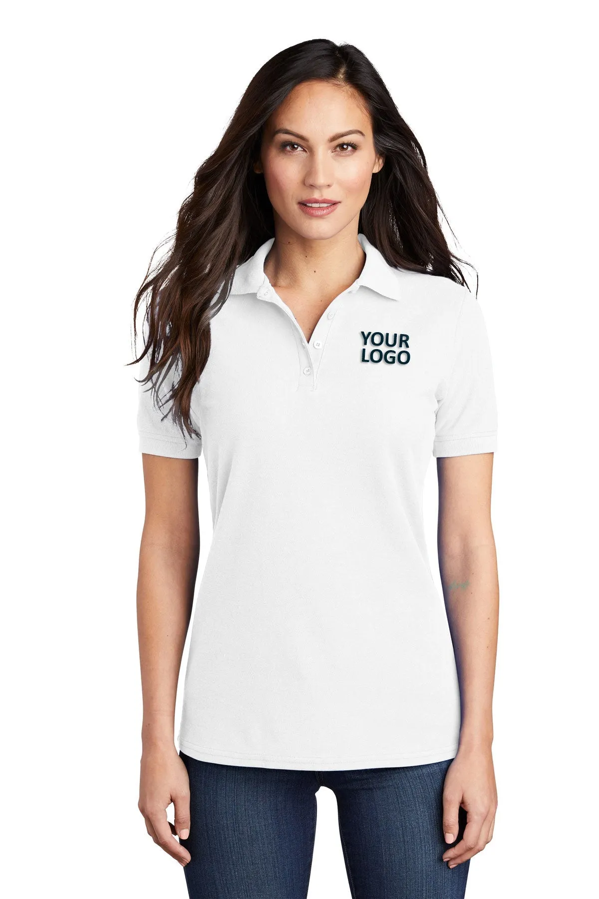 Port & Company Ladies Branded Pique Polos, White