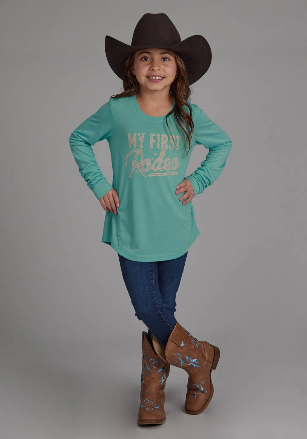 Roper Kids Girls My First Rodeo Turquoise Poly/Rayon L/S T-Shirt