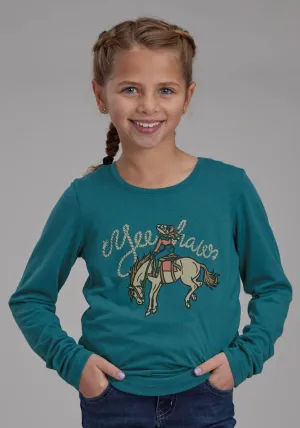 Roper Kids Girls Yee Haw Teal Poly/Rayon L/S T-Shirt
