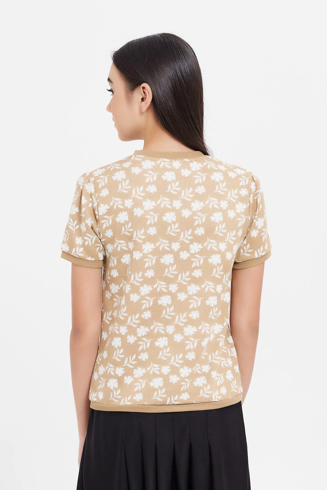 Senior Girls Beige And White Jacquard Top