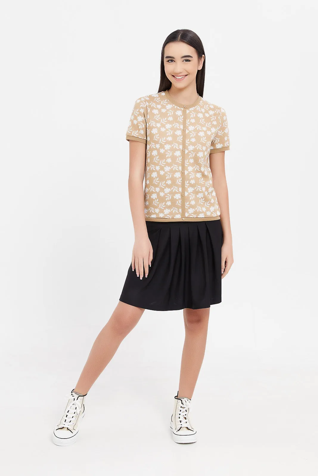 Senior Girls Beige And White Jacquard Top