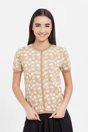 Senior Girls Beige And White Jacquard Top