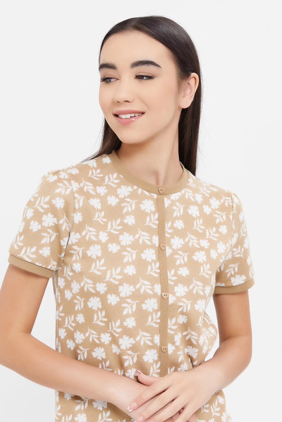 Senior Girls Beige And White Jacquard Top
