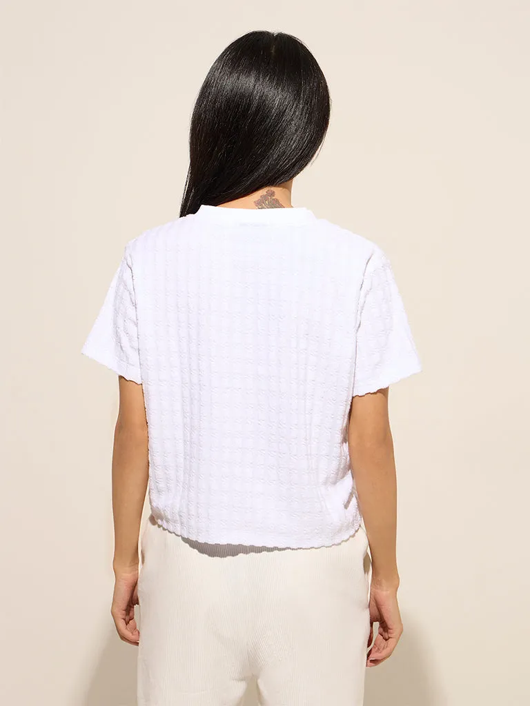 Studiofit White Textured Cotton-Blend Top