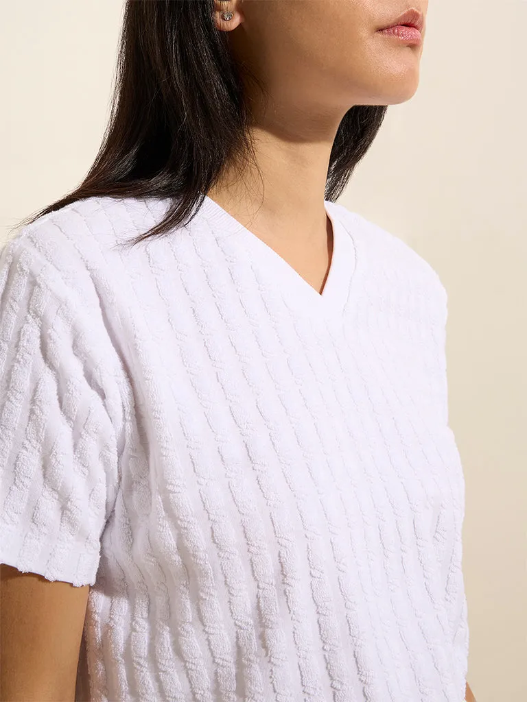 Studiofit White Textured Cotton-Blend Top