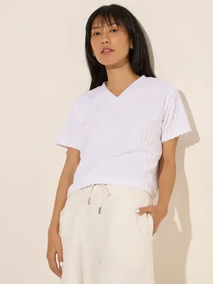 Studiofit White Textured Cotton-Blend Top