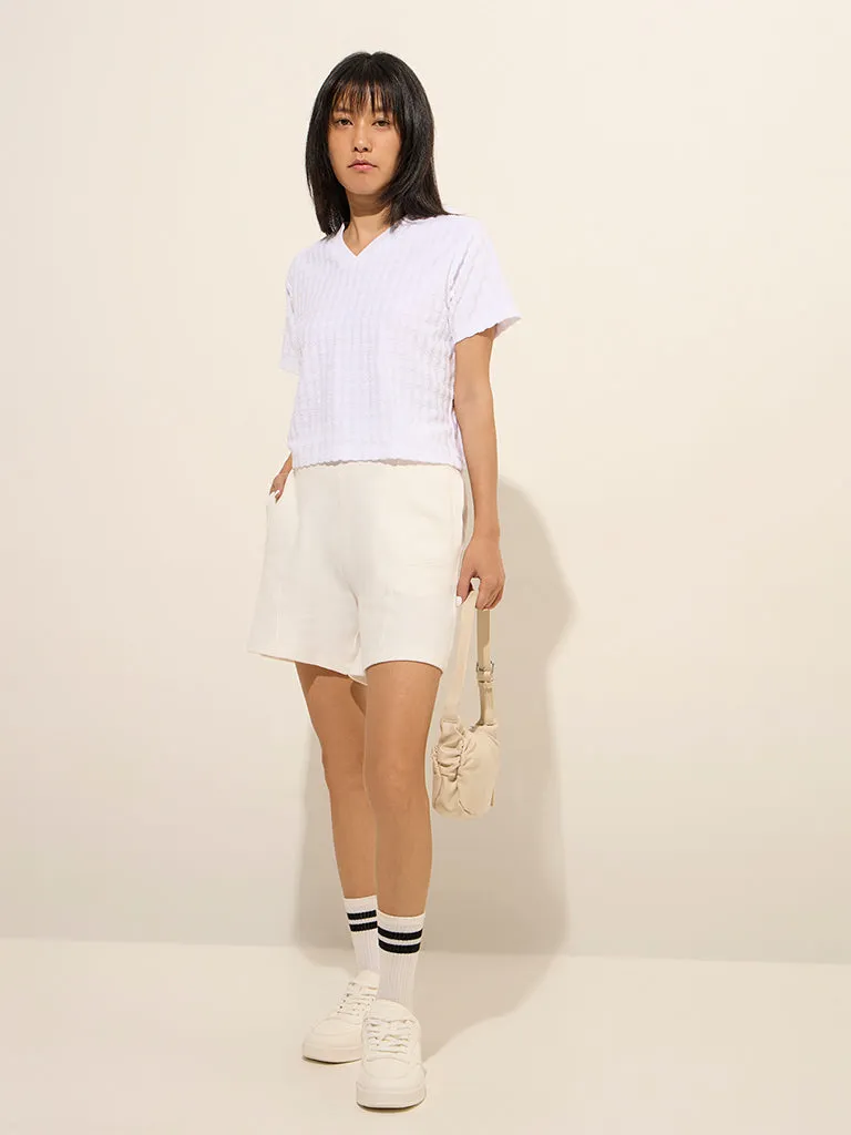 Studiofit White Textured Cotton-Blend Top