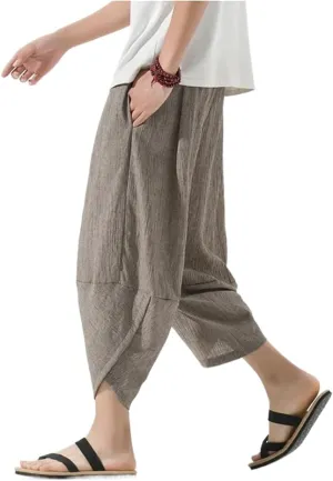 Summer Length Casual Men' Pants Wide Leg Cotton Linen Harem Baggy Clothing