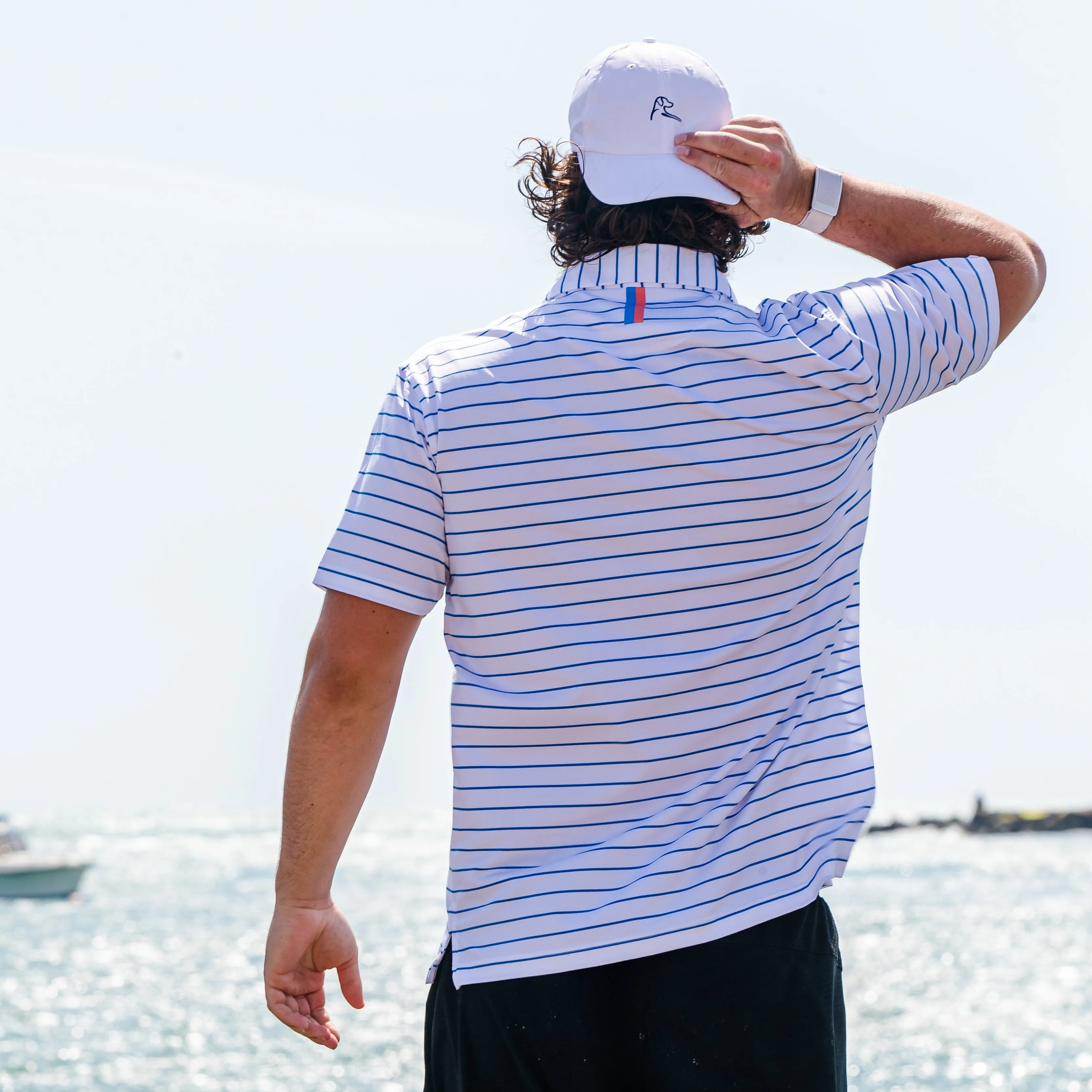 The Deck Stripe | Performance Polo | The Deck Stripe - White/Birdie Blue
