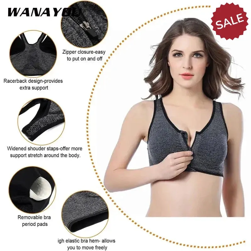 WANAYOU Womens Front Zipper Push Up Sports Bra - Padded, Wirefree, Shockproof