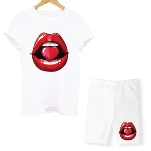 Women Two Piece Lips T Shirts And Shorts Summer Set