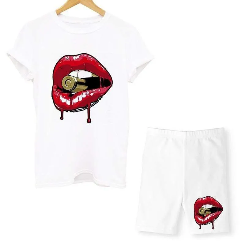 Women Two Piece Lips T Shirts And Shorts Summer Set