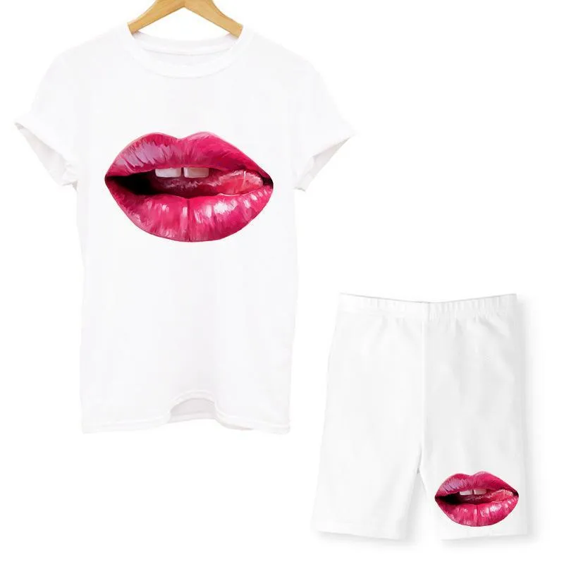 Women Two Piece Lips T Shirts And Shorts Summer Set