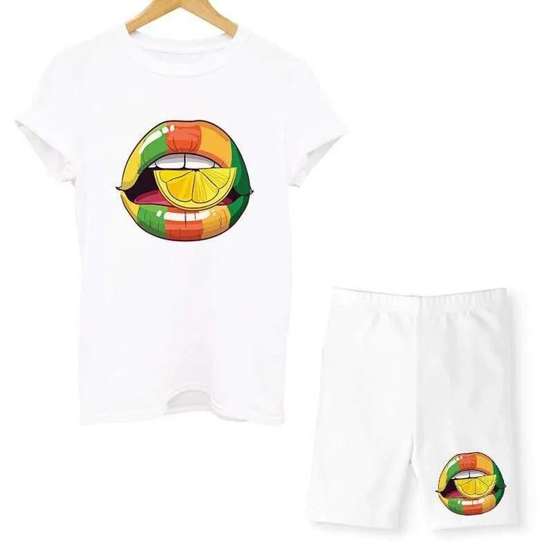 Women Two Piece Lips T Shirts And Shorts Summer Set