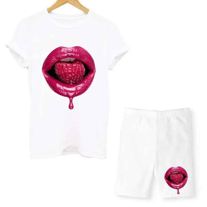 Women Two Piece Lips T Shirts And Shorts Summer Set