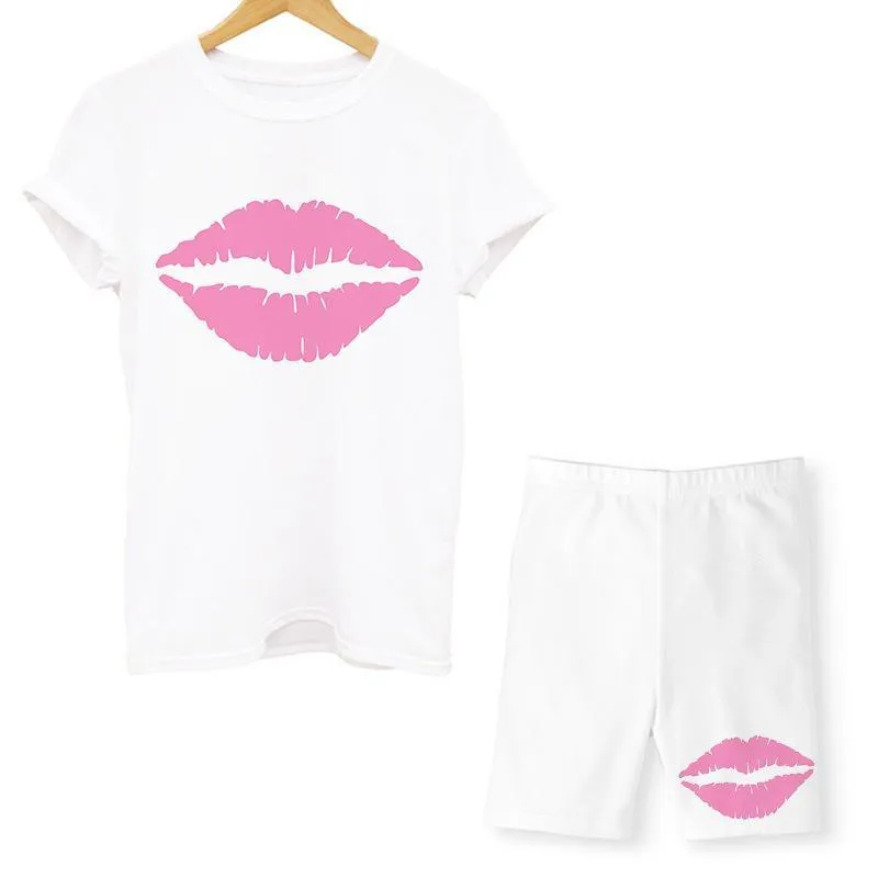 Women Two Piece Lips T Shirts And Shorts Summer Set