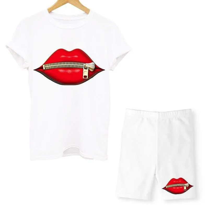 Women Two Piece Lips T Shirts And Shorts Summer Set