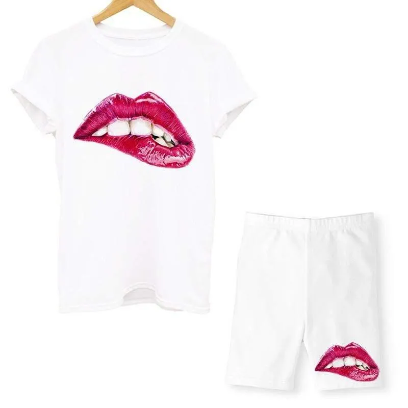Women Two Piece Lips T Shirts And Shorts Summer Set
