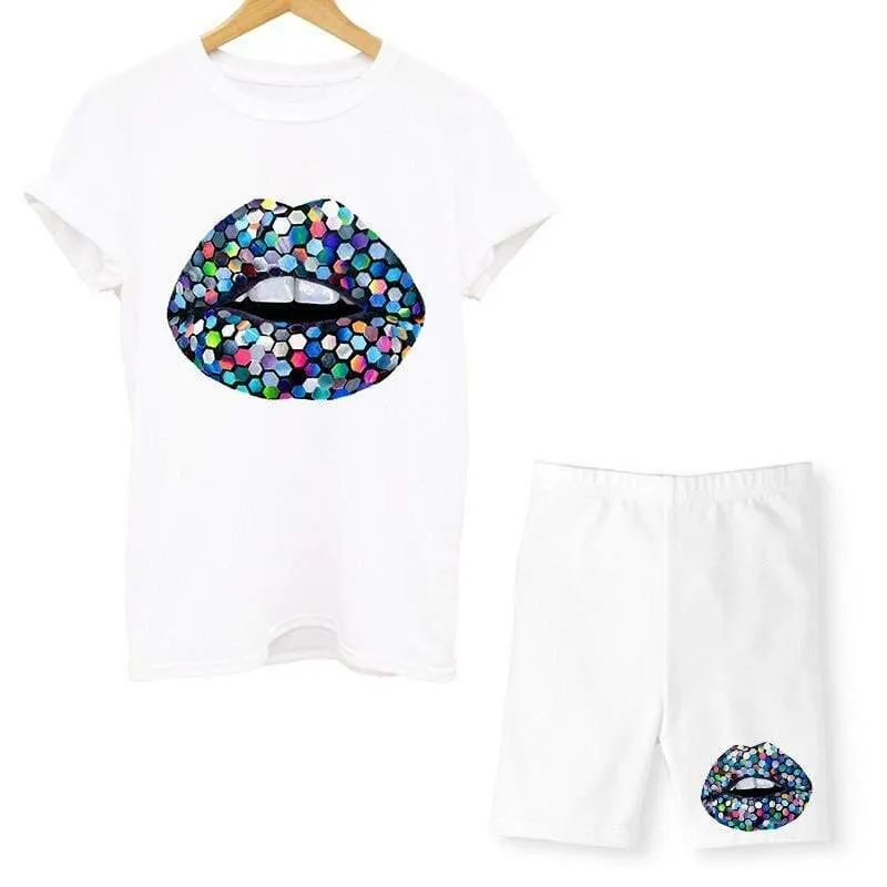 Women Two Piece Lips T Shirts And Shorts Summer Set