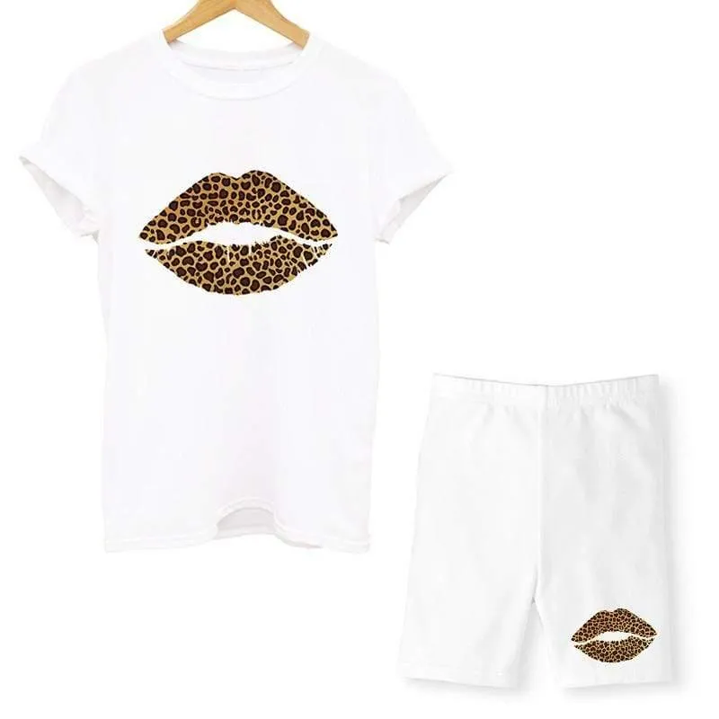 Women Two Piece Lips T Shirts And Shorts Summer Set