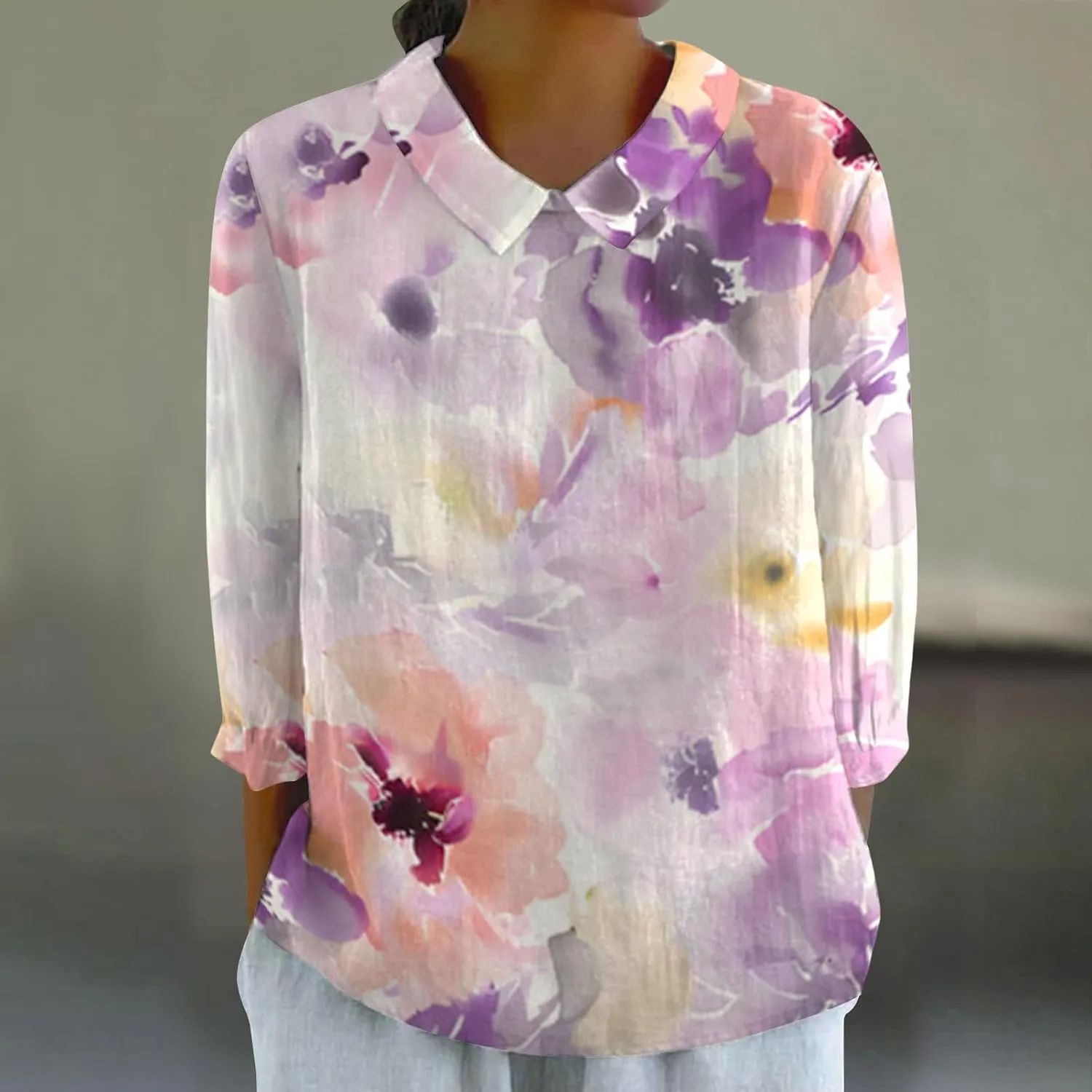 Womens V Neck Roll up Sleeve Cotton and Linen 3/4 Sleeve Shirt Tshirts Summer Cute Tees Linen Clothes for Women