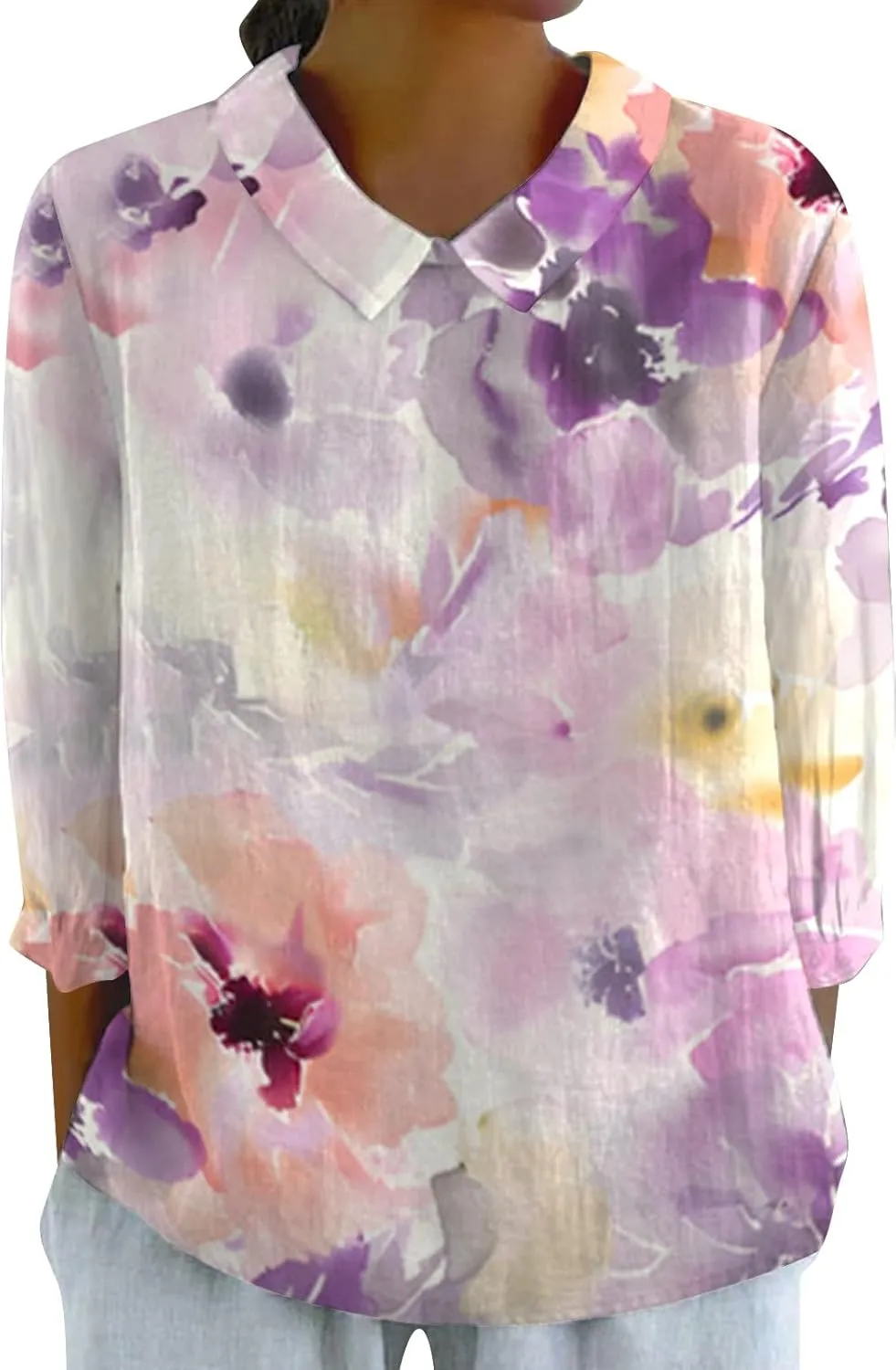 Womens V Neck Roll up Sleeve Cotton and Linen 3/4 Sleeve Shirt Tshirts Summer Cute Tees Linen Clothes for Women